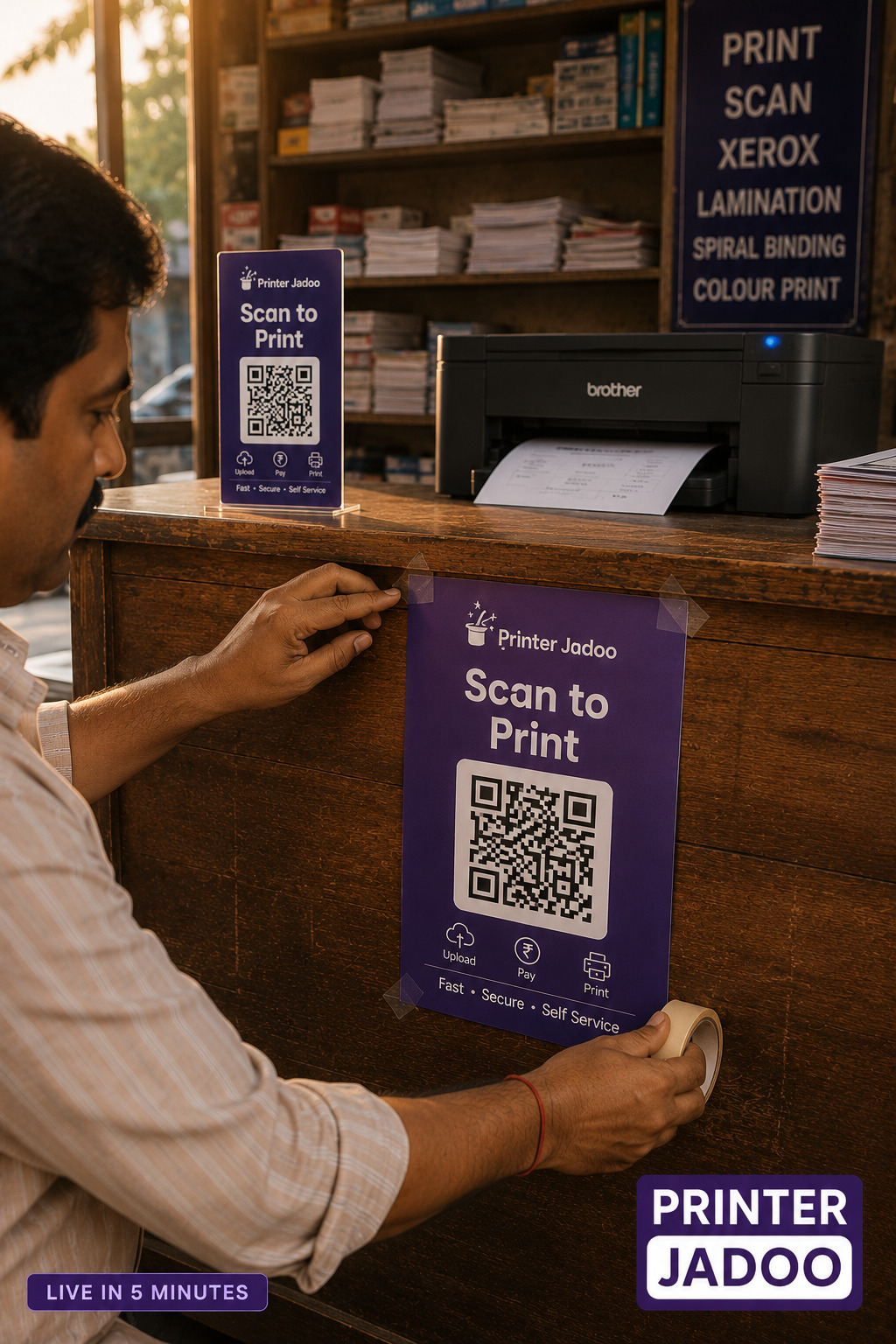 A Printer Jadoo partner shop counter with QR poster